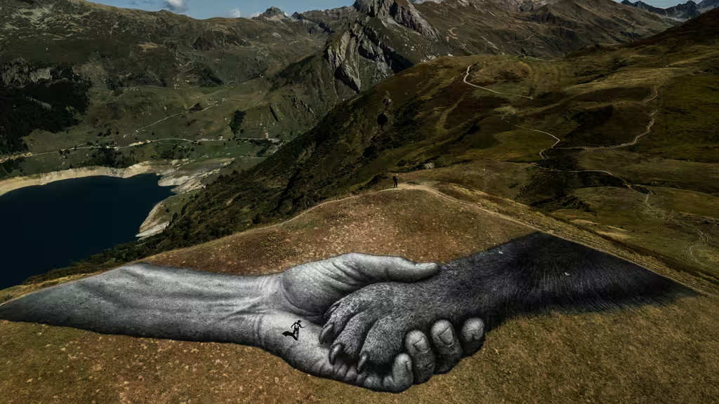 La fresque géante, de l'artiste franco-suisse Saype, représentant une main humaine serrant la patte d'un chien, sur un alpage au-dessus du col de la Laie, à Beaufort, le 14 septembre 2026.