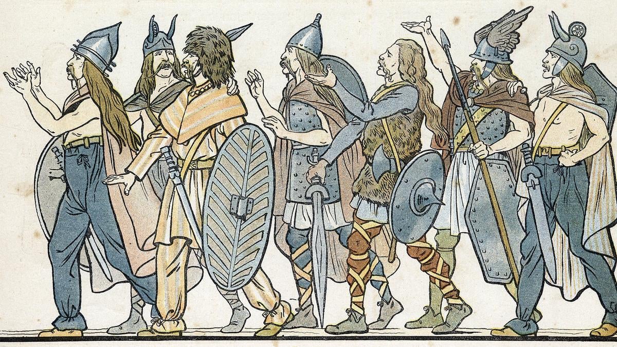 Des guerriers gaulois avec leurs casques, leurs épées et leurs boucliers dans le livre France: son histoire racontée par G. Montorgueil, imagée par Job (1896). Collection privée. | © Bianchetti / Leemage / Bridgeman Images